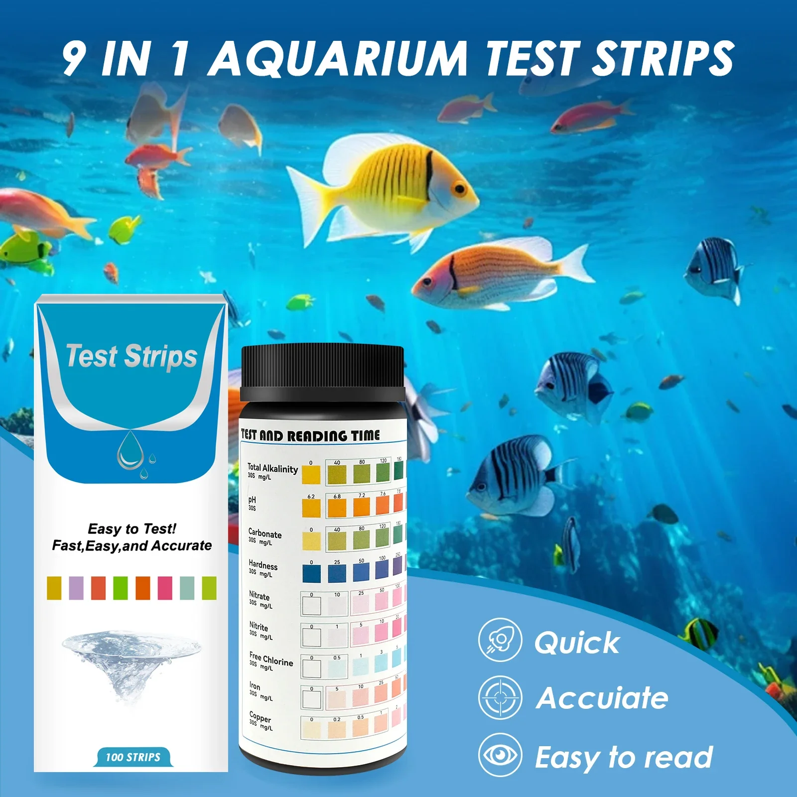 Marine Aquarium Water Test Kit - 100 Stück 9-in-1 Aquarium-Test-Set für Aquarien