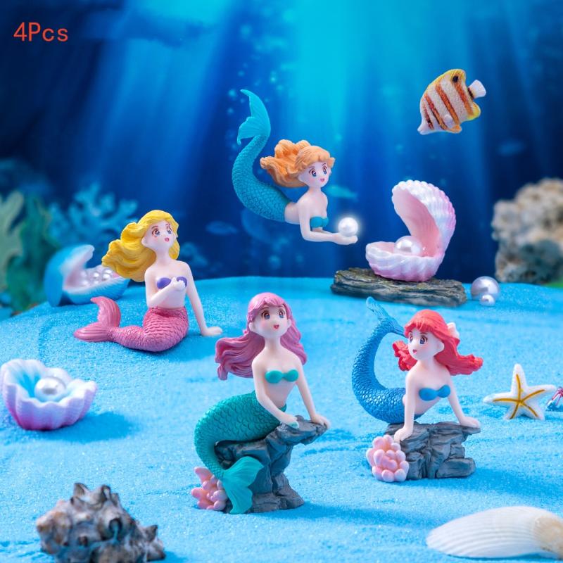 Marine Aquarium Hobby - 4 Stück Plastik-Aquarium-Dekofiguren Kleine Meerjungfrau Miniatur-Figuren